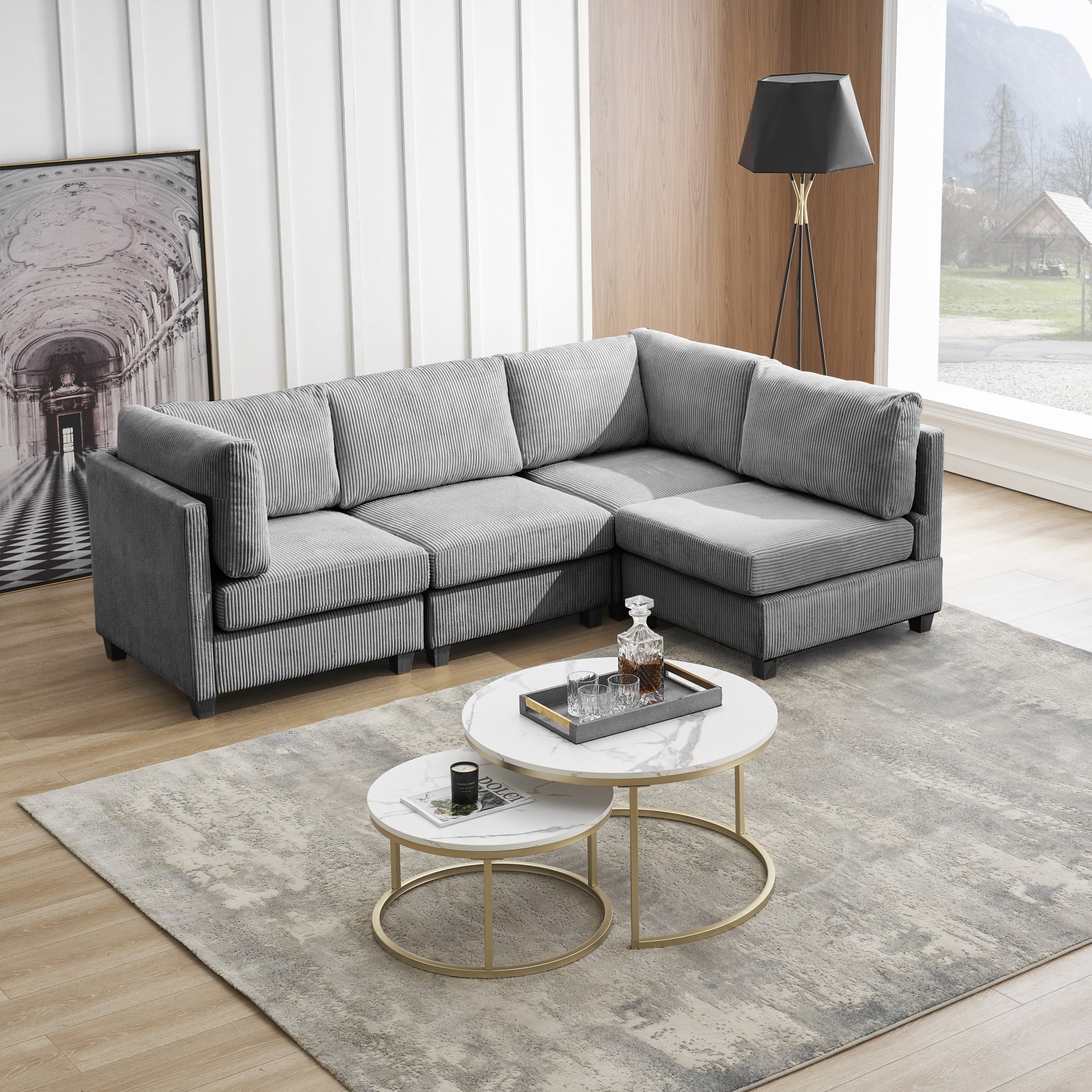 Modern Convertible L Shape Sectional Sofa,Corduroy Fabric Comfortable Sectional Couch,Multi-person Combination Sofa for Living Room,Home,Apartment,Dark Gray