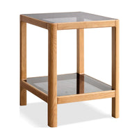 Wood End Table, Natural Oak Wood Bedside Table with Tempered Glass, Modern Nightstand with Storage Shelf for Living Room, Dinning Room, Bedroom