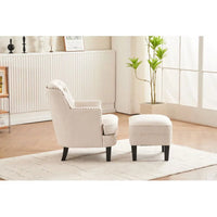Accent Chair with Ottoman,Upholstered Sofa Chair and Foot Stool Set,Linen Reading Chair with Nail Head Trim,Tufted Arm Chair with Solid Wood Legs,for Living room Bedroom Office,Beige