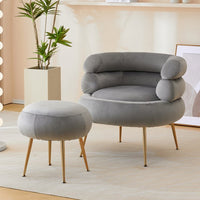 Accent Chair with Round Ottoman, Upholstered Velvet Indoor Armchair with Metal Frame, Single Tufted Leisure Chairs with Footrest Stool for Living Room Bedroom Office