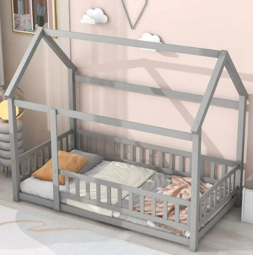 Twin Size Floor Bed Frame for Kids,Montessori Floor Bed with House Roof Frame and Fence Guardrails,Low Wooden Playhouse Bed for Girls and Boys,Gray