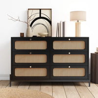 Rattan 6 Drawer Dresser, Modern Wood Dresser for Bedroom with Wide Drawers and Metal Handles and Legs, Storage Chest of Drawers for Bedroom Living Room Hallway Entryway, Black