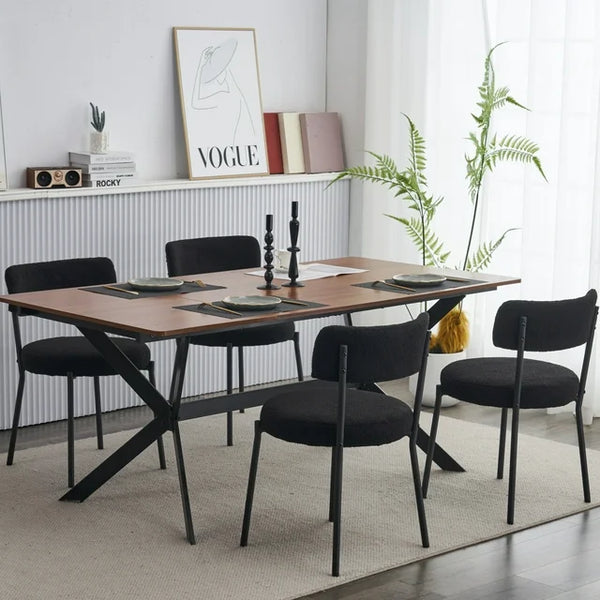 Set of 2 Teddy Fabric Dining Chairs with Curved Back and Metal Legs, Mid-Century Metal Frame Chairs for Kitchen Dining Room, Black