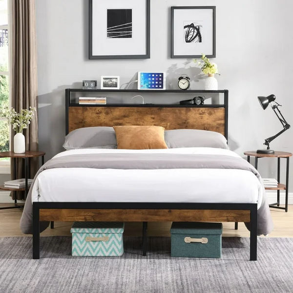 Queen Size Platform Bed with Headboard, Queen Bed Frame with USB Ports Industrial Bed Frame with Under-Bed Storage Noise-Free/Metal Slats Support/No Box Spring Needed, Brown