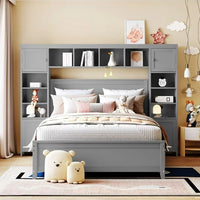 Full Size Platform Bed with 4 Storage Drawers and Bookcase Headboard, Wood Full Bed with All-in-One Cabinet and Shelf, Full Storage Bed Frame for Bedroom, Gray