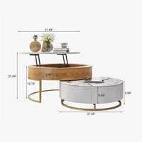 Nesting Coffee Table Set of 2, Modern Stretchable Coffee Table with Lift Top and 2 Drawers, Metal Frame Table with Hidden Storage for Small Spaces, Dark Brown