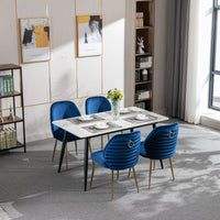 Set of 2 Velvet Dining Chair, Mid Century Velvet Upholstered Accent Chairs with Barrel Backrest and Ring Pull, Modern Side Chairs with Gold Metal Legs for Dining Room Living Room Bedroom, Blue