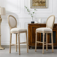 Bar Stools Set of 2,French Country Tall Wooden Barstools,Armless Stool Chairs with Upholstered Seat and Back,Solid Wood Frame Chairs with Footstand,Beige and Natural