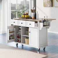 53.1"Rolling Mobile Kitchen Island Cart with Rubber Wood Drop Leaf Countertop and 3 Drawers, Rolling Kitchen Island with Smooth Wheels, Adjustable Shelves and 3 Drawers for Dining Room,White