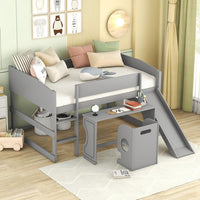 Loft Bed Full Size, Low Study Full Loft Bed with Rolling Portable Desk and Chair, Kids Loft Bed with Slide, Built-in 2 Rung Ladder and Full Length Safety Guardrails for Boys Girls, Gray