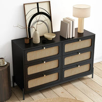 Rattan 6 Drawer Dresser, Modern Wood Dresser for Bedroom with Wide Drawers and Metal Handles and Legs, Storage Chest of Drawers for Bedroom Living Room Hallway Entryway, Black