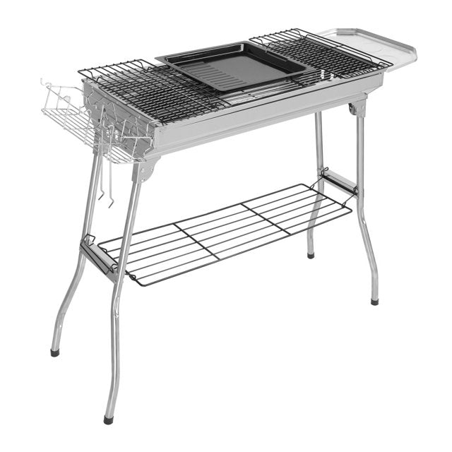 Portable Charcoal Grill Stainless Steel Foldable Cooking Kabob Barbecue Grill with Storage Shelf and Enameled Grill Pan, Outdoor BBQ Grill for Camping Hiking Picnics Beach Party(39.37x12.2x27.95inch)