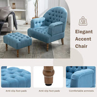 Accent Chair with Ottoman Set,Button-Tufted Upholstered Chair Set,Mid-Century Sofa Chair Reading Chair with Solid Wood Legs,Linen Fabric Arm Chair Single Sofa Chair for Living Room Bedroom,Blue