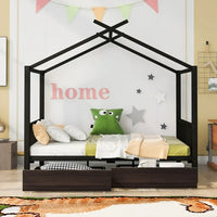 Full Size Metal House Platform Bed with Two Drawers, Low Platform Bed Frame with Headboard and Footboard, Roof Design House Bed for Kids, Teens and Adults, Sturdy Metal Slats Support, Black