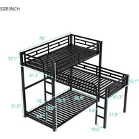 L Shaped Triple Bunk Bed, Metal Triple Twin Bunk Bed Frame with Full-Length Guardrail, L Shaped Bunk Beds for 3, Heavy Duty 3 Bed Bunk Beds for Kids Teens and Adults Bedroom Dorm, Noise-Free, Black