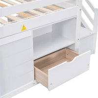 Loft Bed with Storage Stair, Drawers and Shelf, Twin Size Loft Bed Frame with Full-Length Guardrail, Low Loft Bed with Large Under-Bed Space for Teens Boys Girls, No Box Spring Required, White