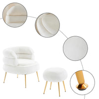 Accent Chair with Ottoman, Velvet Upholstered Barrel Chair and Ottoman Set for Loving Room, Modern Comfy Armchair and Footrest with Metal Legs for Living Room, Bedroom, Reading Room, White