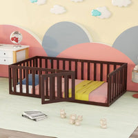 Twin Size Floor Bed, Wood Twin Montessori Bed Frame with Fence Guardrails and & Support Slats, Twin Playhouse Bed with Door Design, Fence Bed Playpen Bed for little ones, Walnut
