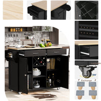 48 Inch Storage Cabinet with 2 Drawers and Open Shelves, Wood Modern Sideboard with 4 Locking Wheels and Wine Rack, Entryway Buffet Side Table Cupboard with Towel Rack for Living Room Kitchen, Black