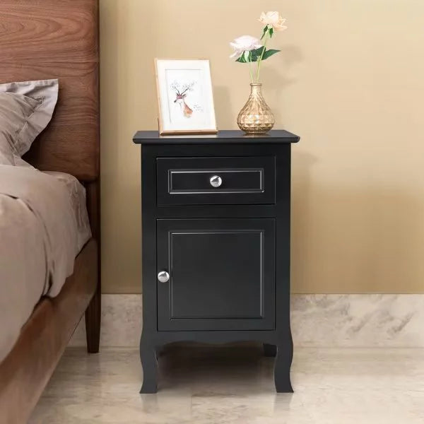 Country Style Side Table, Nightstand with 1 Drawer 1 Door, Bedside Tables with Wood Frame, Mid-Century Modern Nightstand with Storage, Bed Side Table & Night Stand End Table, for Bedroom, etc, Black