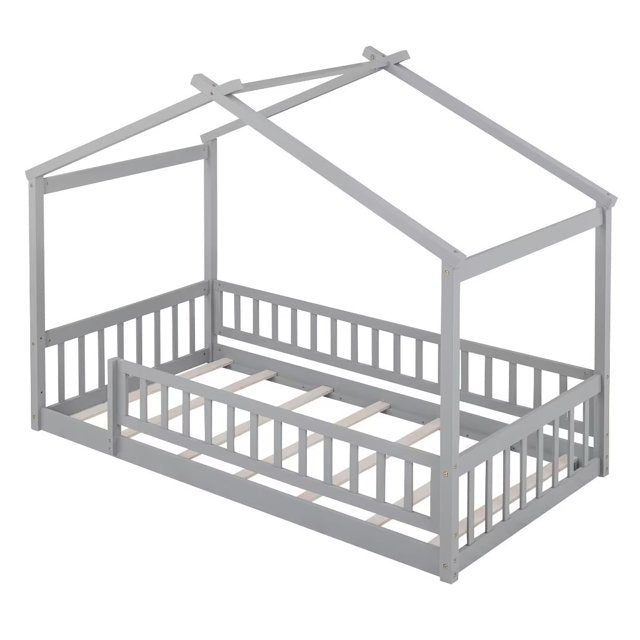 Twin Size Montessori Bed for Kids, Wood Floor Bed Frame, House Bed Frame with Fence & Roof, Solid Wood Playhouse Bed for Girls Boys Teens, Gray