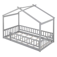 Twin Size Montessori Bed for Kids, Wood Floor Bed Frame, House Bed Frame with Fence & Roof, Solid Wood Playhouse Bed for Girls Boys Teens, Gray