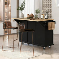 53.1" Kitchen Trolley Cart with 2 Doors & 3 Drawers & Adjustable Shelves, Kitchen Island Cart with Drop-leaf Tabletop and Locking Wheels, Rolling Kitchen Island with Spice Rack and Towel Rack, Black
