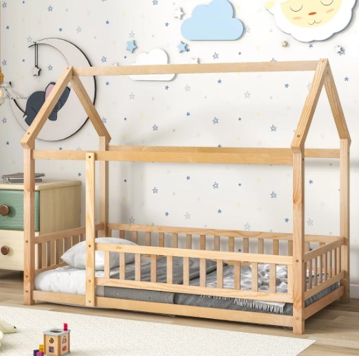 Twin Size Floor Bed Frame for Kids,Montessori Floor Bed with House Roof Frame and Fence Guardrails,Low Wooden Playhouse Bed for Girls and Boys,Natural