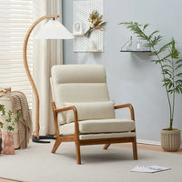 Accent Leisure Chair, Mid-Century Modern Arm Chair with Solid Wood Armrests and Legs, High Back Accent Chair with Thick Seat Cushion and Backrest for Living Room Bedroom Balcony Studio, White