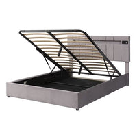 Queen Size LED Bed, Velvet Platform Bed, Lift Storage Bed with LED light, Bluetooth Player and USB Charging, Hydraulic Storage Bed in Velvet Fabric, No Box Spring Required, Gray