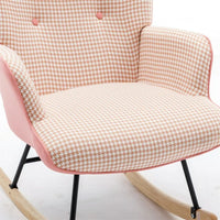 Cotton Linen Fabric Nursery Rocking Armchair with Head Pillow, Houndstooth Glider Rocker with Solid Wood Base for Living Room, Bedroom, Baby Room, Pink