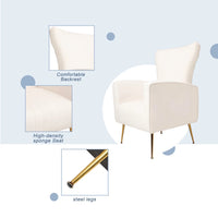 Modern Velvet Accent Chair, Wingback Arm Chair with Gold Metal Legs, Upholstered Single Sofa Chair with Tufted Back, Leisure Armchair Lounge Chair Reading Chair for Living Room Bedroom, White