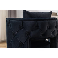 25.2'' Wide Swivel Accent Barrel Chair with Pillow, Curved Tufted Back Upholstered Armchair with Gold Metal Base, Modern Vanity Stool, For Living Room, Bedroom, Hotel, Black