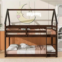 Twin Over Twin House Bunk Beds with Roof, Wood Low Bunk Beds Frame with Built-in Ladder and Guard Rail for Kids Teens Boys Girls, Espresso