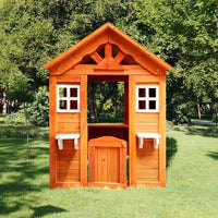 Wooden Kids Playhouse, Backyard Modern Outdoor Wooden Playhouse, Cottage, Stove, Windows, 2 windows and flowerpot holder, 42" L x 46" W x 55" H, Golden Red