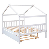 Full House Bed with Twin Size Trundle Bed,House Bed for Kids with Support Legs,Wooden Kids House Full Bed Frame for Toddlers,Kids,Teens.No Box Spring Needed,White