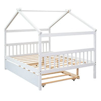 Full Size House Bed with Twin Size Trundle, Wooden Platform Bed Frame with 10 Sturdy Slats Support Playhouse Montessori Bed Frame Floor Bed for Kids Toddlers Teens, No Box Spring Needed, White