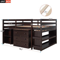 Full Size Loft Bed with Pull-out Desk, Wood Low Loft Bed with 3 Storage Drawers and 2-Tier Shelves, Storage Bed Frame with Ladder and Full-length Guardrails for Kids Teens Bedroom, Espresso
