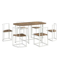 7-Piece Dining Table Set with Faux Marble, Modern Compact 55Inch Kitchen Table Set for 6, Simple Dining Marble Table with 2 Middle Chairs and 4 Triangular Chairs for Dining Room Kitchen, White+Cherry