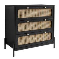 Modern 3 Drawer Dresser, Rattan Chest of Drawers with Spacious Storage Rattan Dresser, Closet Storage Bedside Table Dresser for Bedroom Living Room Entryway, Hallway, Black