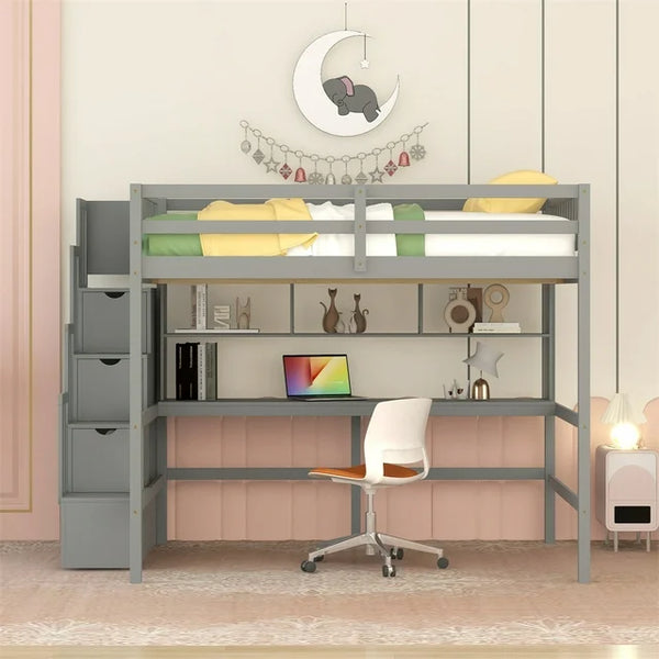 Full Size Loft Bed with Built-in Desk and Bookshelves, Wooden Bed Frame with Storage Staircase and Full-length Guardrail for Kids Teens Adults Bedroom, No Box Spring Needed, Gray