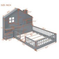 Full Floor Bed for Kids, Wood Montessori Floor Bed with Rails and Bedside Drawers,Floor Bed Frame with Shelves and a Set of Sockets and USB Port,Gray