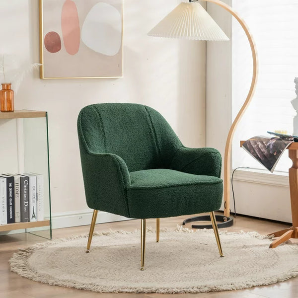 Accent Chair, Teddy Fabric Vanity Chair, Modern Upholstered Armchair with Tight Back and Golden Metal Adjustable Legs, Club Chair Side Chair for Living Room Bedroom Office, Antique Green