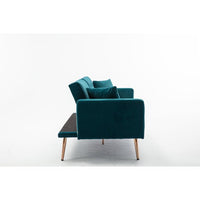 Velvet Futon Sofa Bed with 2 Pillows, Convertible Sleeper Couch Bed with Metal Tapered Legs and Tufted Button Back, Modern Loveseat for Living Room, Bedroom, Teal Blue