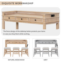 4-Piece Dining Bar Table Set, Counter Height Table Set with 3 Upholstered Stools, Multifunctional Console Table Set with 3 Drawers, USB Port and Power Strip, for Dining Room, Living Room, Natural