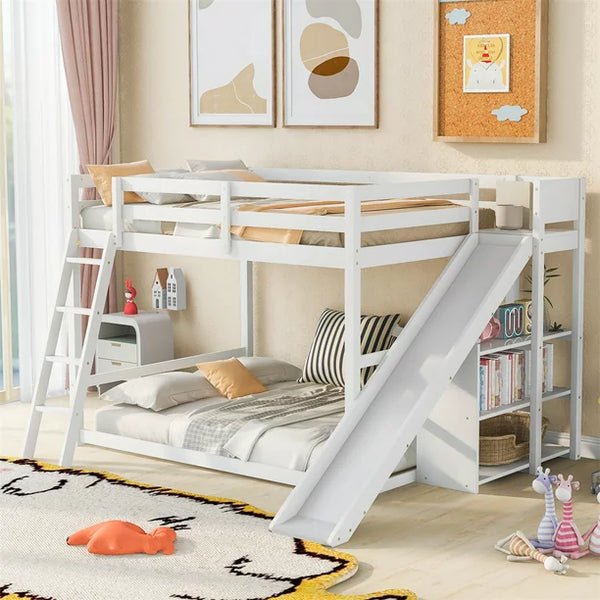 Full over Full Bunk Bed, Wood Bunk Bed with Ladder and Slide for Kids Teens Boys Girls, Space Saving Multifunctional Storage Bed Frame with 3-Story Shelves for Bedroom, No Box Spring Needed, White