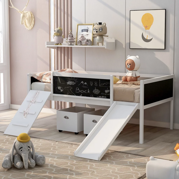 Twin Loft Bed with Slide & Climbing Frame for Kids Toddlers, Solid Wood Low Loft Bed with 2 Storage Boxes and Chalkboard Guard Rail, Multi-Functional Loft Bed Frame for Girls Boys Bedroom, White