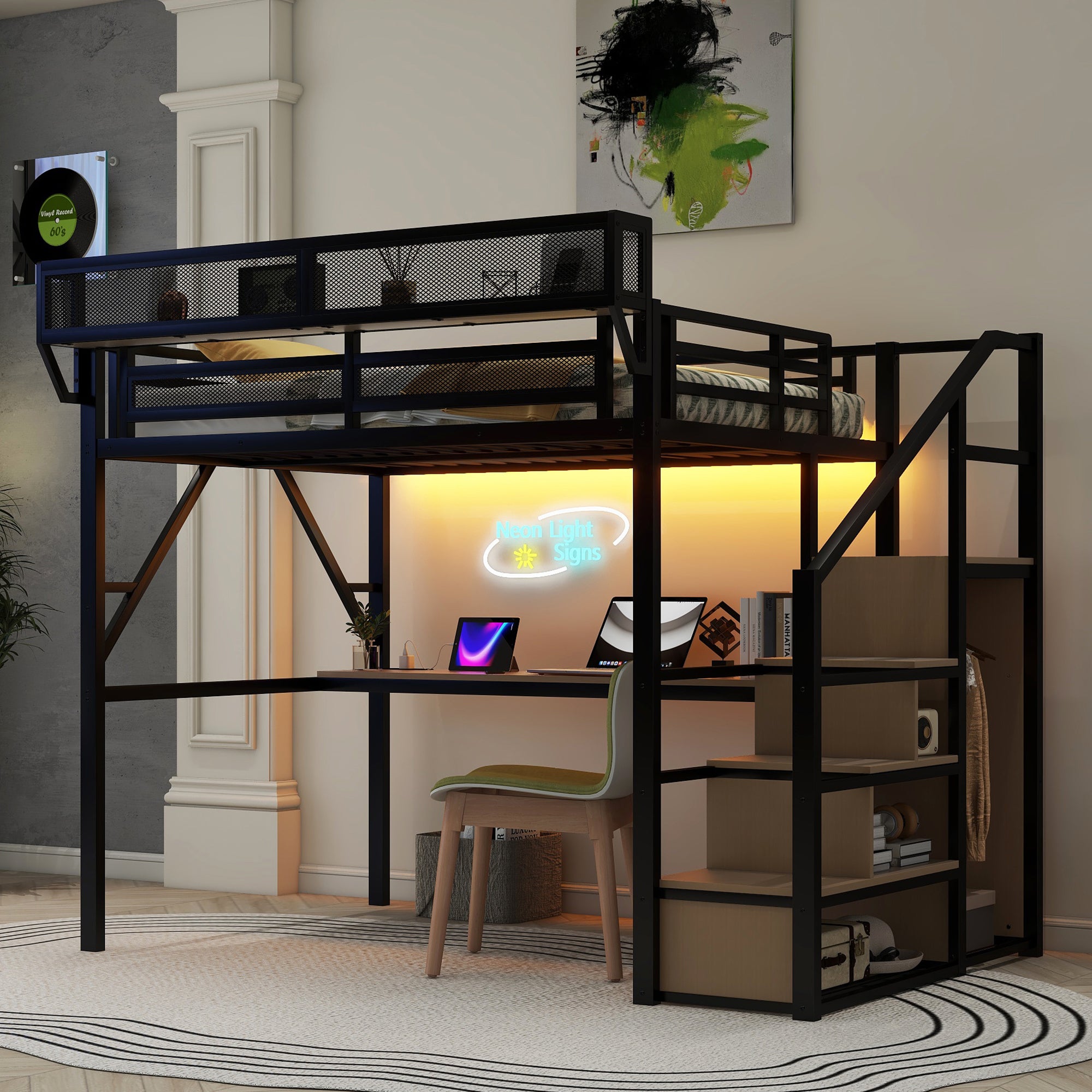 Triple Tree Full Loft Bed with Desk and Charging Station, Full Size Metal Loft Bed with Stairs and Light for Kids Teens, Black