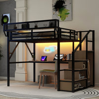 Triple Tree Full Loft Bed with Desk and Charging Station, Full Size Metal Loft Bed with Stairs and Light for Kids Teens, Black