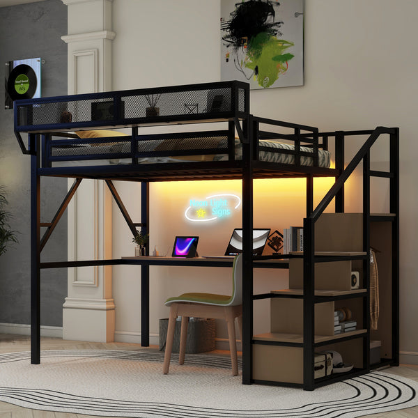 Triple Tree Full Loft Bed with Desk and Charging Station, Full Size Metal Loft Bed with Stairs and Light for Kids Teens, Black